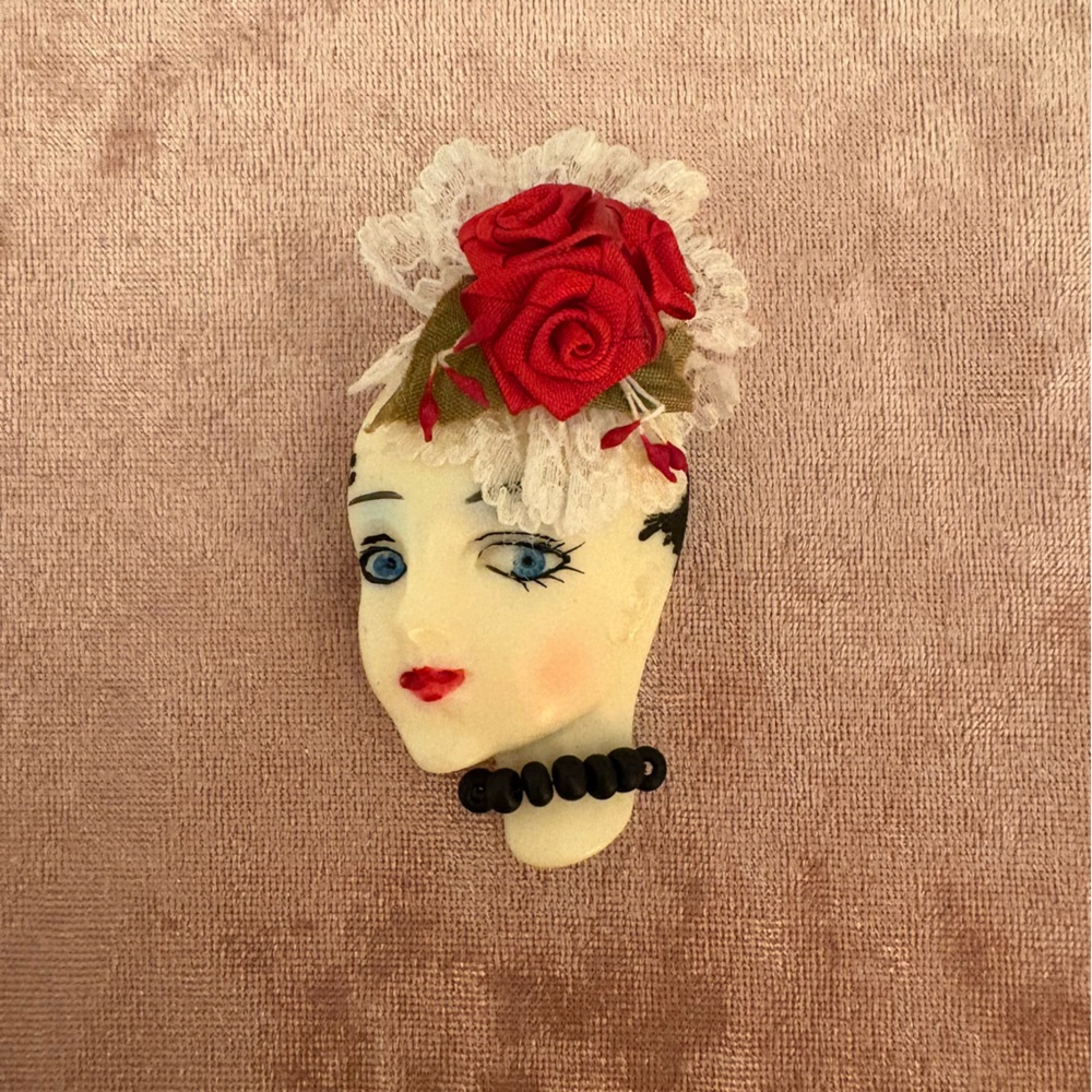 Flamenco Dancer Brooch with Beaded Necklace and Rose in Hair